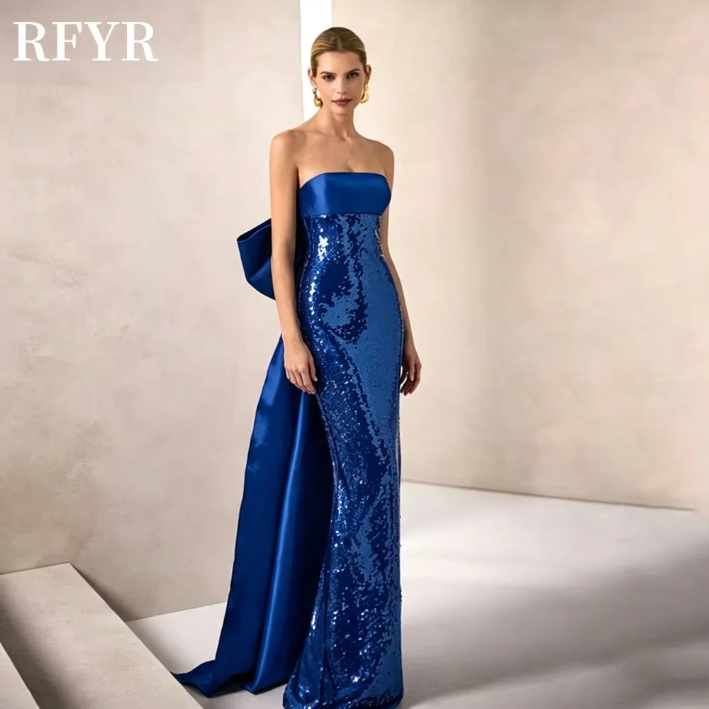 RFYR Mermaid Evening Dress Sequined Prom Dress with Bow Back Party Dress Strapless Celebrity Dress for Arabic Women Customized image 6