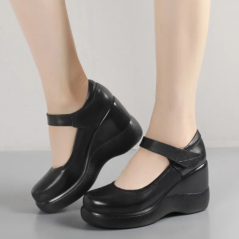 8.5cm Small Size 32-43 Fashion Shallow Platform Wedges Shoes Women Mary Janes 2024 Fall High Heels Pumps for Office Mode Mom