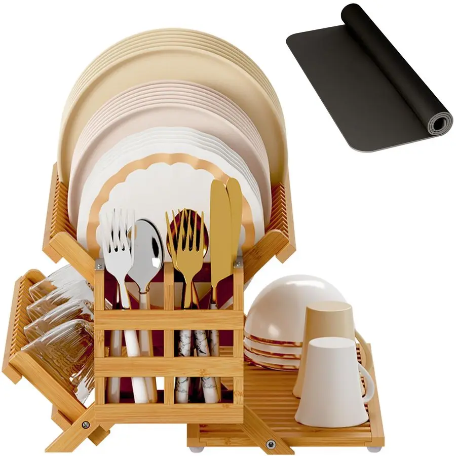 

Bamboo Dish Drying Rack with Utensil Holder, 3 Tier Collapsible Dish Rack, Wooden Dish Racks for Kitchen Counter, Large Folding