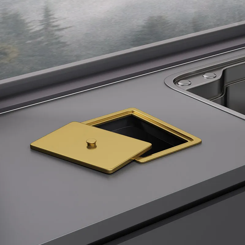 

Kitchen Countertop Embedded Trash Can Cabinet 304 Stainless Steel Invisible Cover Bathroom Flip Lift Cover