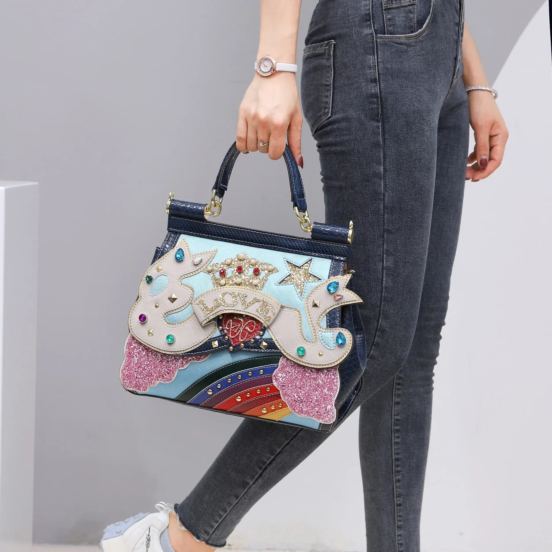 Women Bags Leather Patchwork Embroidery Purse Crossbody Messenger Bag Girl Shoulder Bags Female Bag  Handmade Art Clouds Rainbow