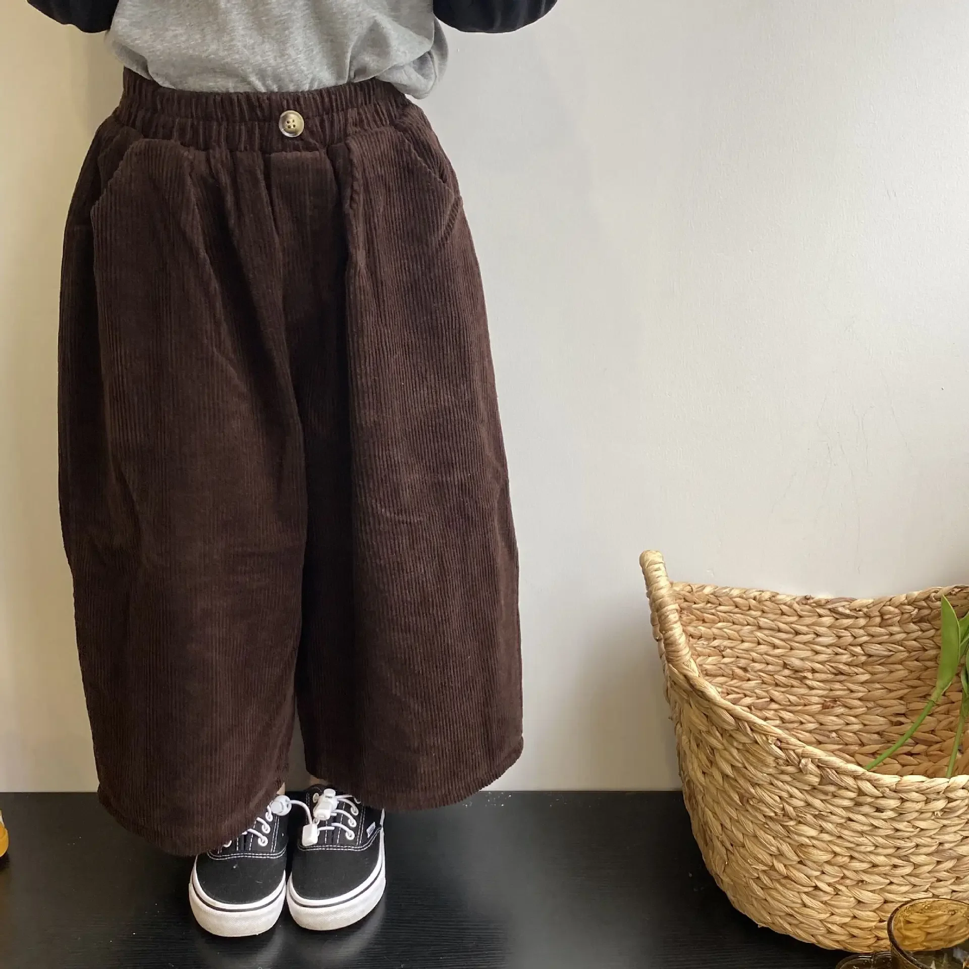 Winter New Style Korean Boys Girls Corduroy Velvet Pants Children Loose Coffee Color Solid Fashion Warm Wide Leg Pants