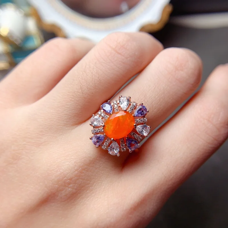 Luxurious Mexico Rare Orange Fire Opal Women Ring with Silver Plated 925 Sterling Engagment Promise Ring for Gift