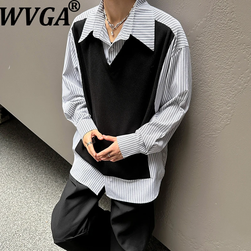 WVGA Spring Autumn New Men Tide Trendy Fake Two-piece College Style Versatile Top Niche Chic Casual Long Sleeve Shirt Ins W19989