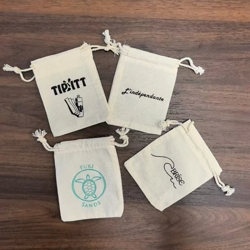 

200 Pieces Customised Logo 7*9cm Natural Cotton Bags Drawstring Gift Pouches Screen Printed With Black Logo
