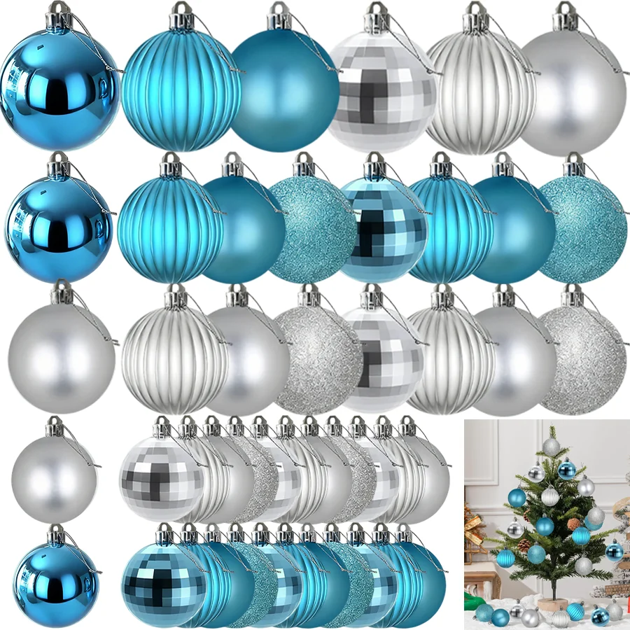 Christmas Balls Ornaments Set,3/4/6cm Xmas Shatterproof  Baubles Hanging Balls for Holiday Party Wedding Decora(Sliver & Blue)