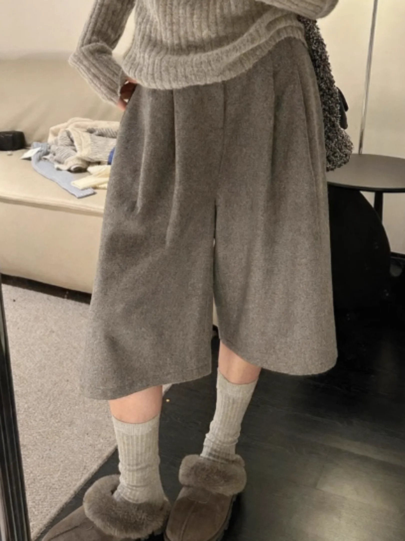 

High Waist Wide Leg Woolen Seven-Foot Pants Women's Outerwear Casual Trousers Dongda Gate 2025 Autumn Winter New Pure Color E...