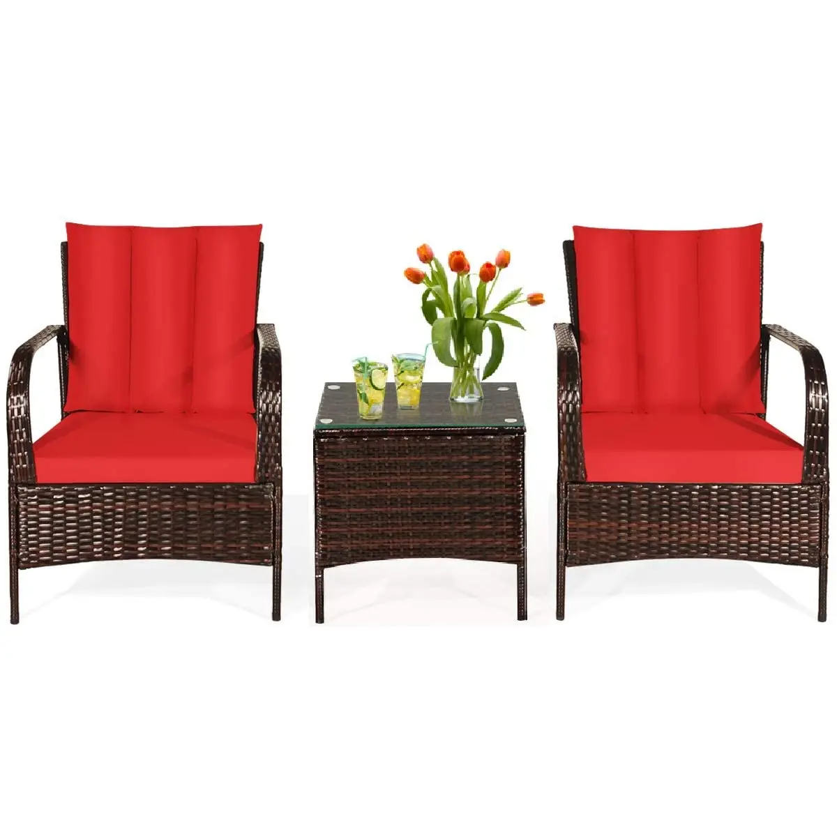 3-Piece Patio Wicker Sofa Set with Coffee Table, PE Rattan Furniture with Cushion & Back Pillow for Garden Poolside, Customized
