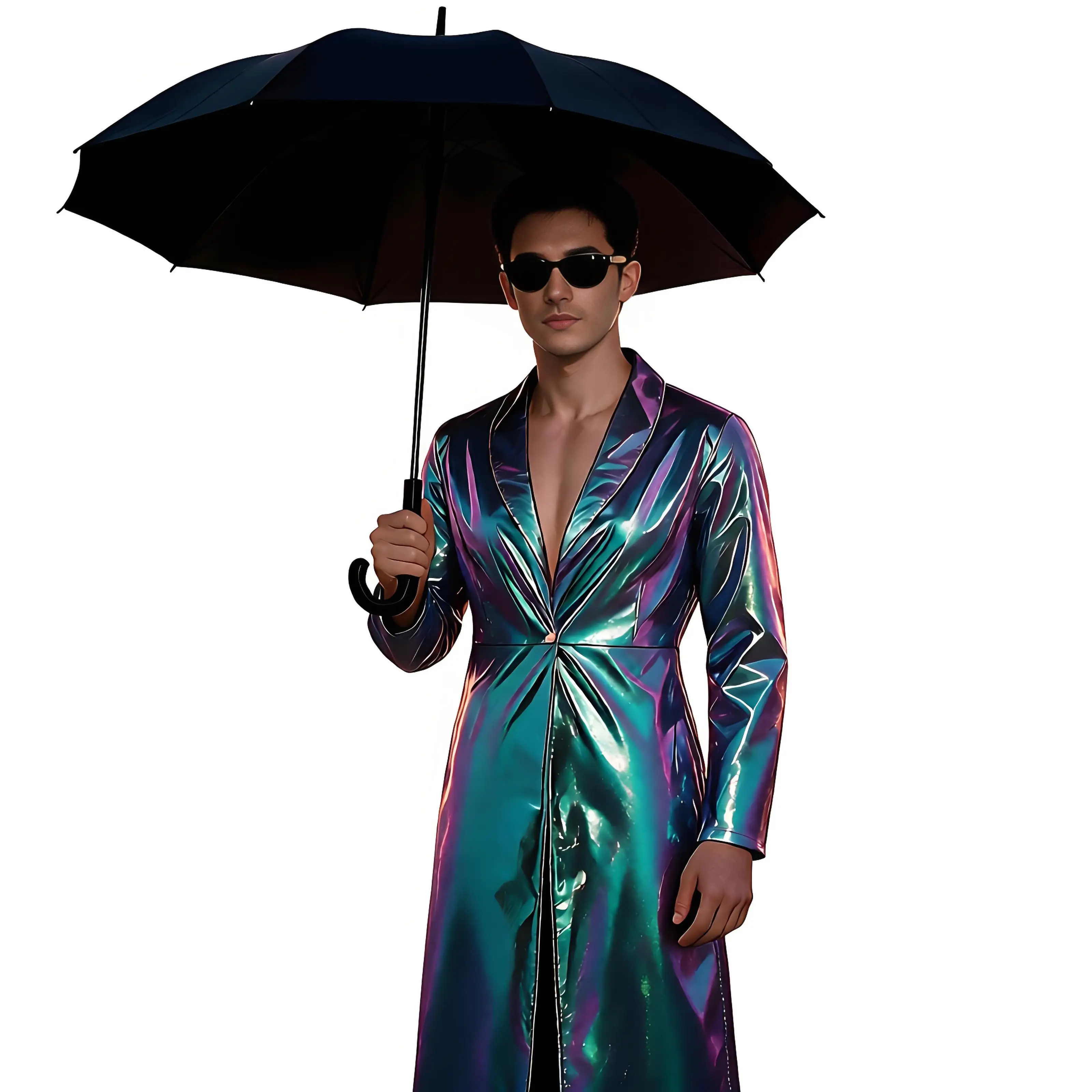 Men Glossy PU Punk Long Trench Coat Sleeveless Open Front Buckle Waist Blazer Outerwear for Party Cool Motorcycle Leather Jacket