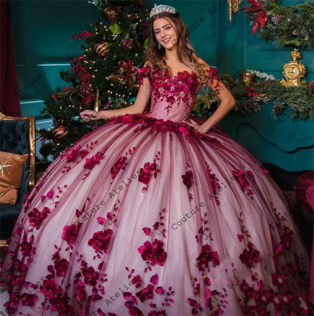 Burgunder Perlen 3d Blumen Tüll Quince anera Kleider Ballkleid Kleid von der Schulter Geburtstags kleider schnüren süße 15 16 Kleider