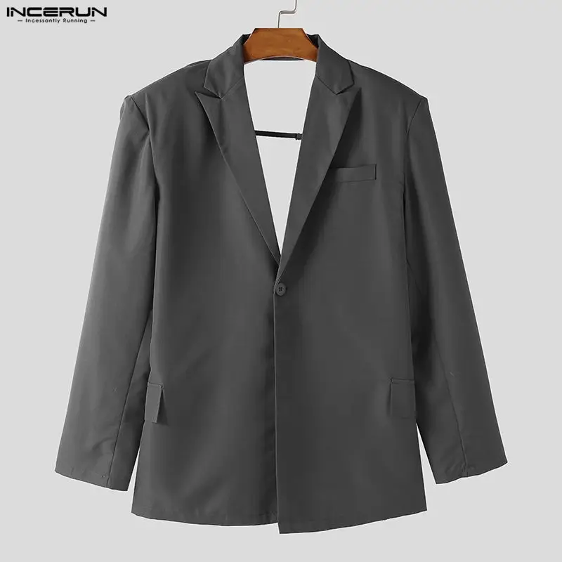 

INCERUN Men Blazer Solid Color Lapel Long Sleeve One Button Male Suit Backless Hollow Out Streetwear Fashion Casual Thin Coats