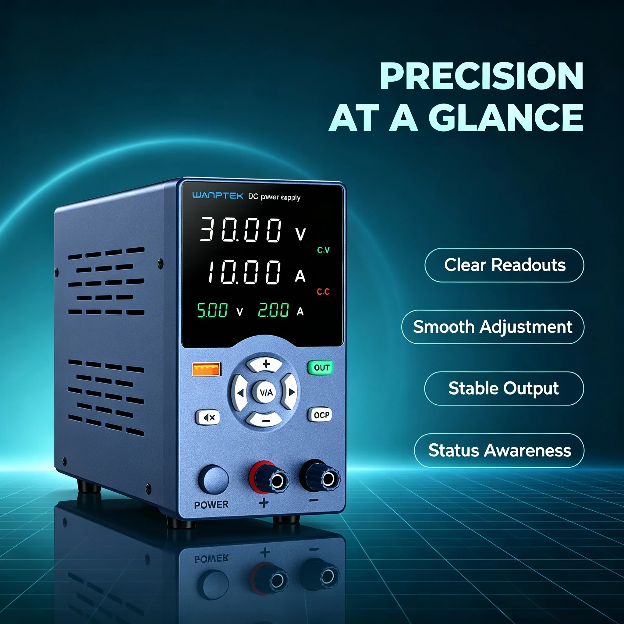 WANPTEK GC Bench DC Power Supply, 4‑Window Screen, USB Fast Charging, CV‑CC Auto Switch, for Phone PC Repair Lab Production Test