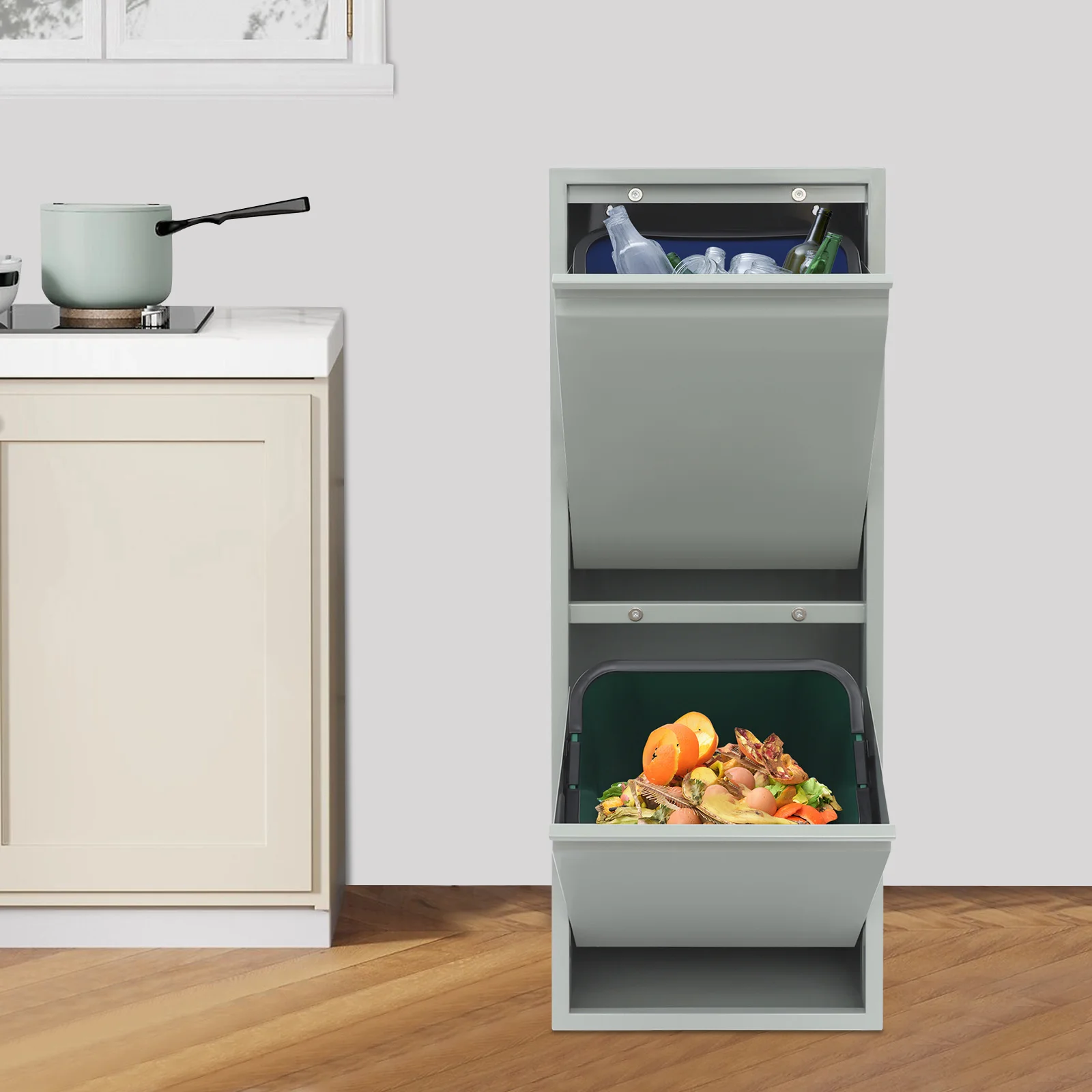 Dual Bin Tilt Out Trash Cabinet, 15 Gallon Stainless Steel Recycling Waste Container, 35 lbs Capacity, Pull Out Bins for Kitchen
