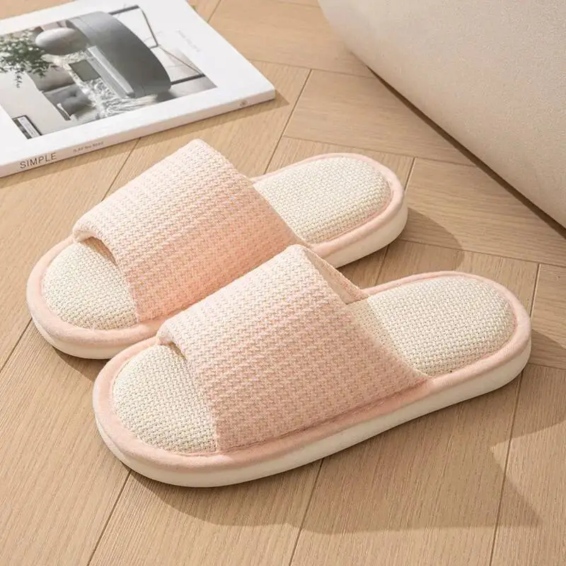 Home Slippers Women's Linen Slippers Indoor Household Plaid Simple Cloth Cotton Linen Indoor Sandals