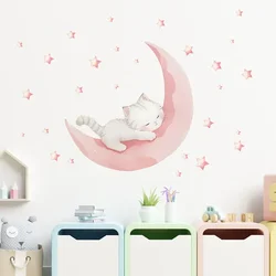 Cartoon Pink Moon Cute Cat Sleep Wall Stickers Baby Room Star Home Decor Akcesoria Pokój dzienny Sypialnia Dekoracja Pokój dziecięcy