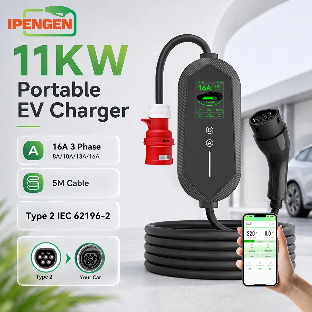 IPENGEN 11KW Type2 EV Charger Portable 5M Cable 3Phase 16A IEC 62196 Adjustable Current CEE Plug EVSE Charging With APP Control