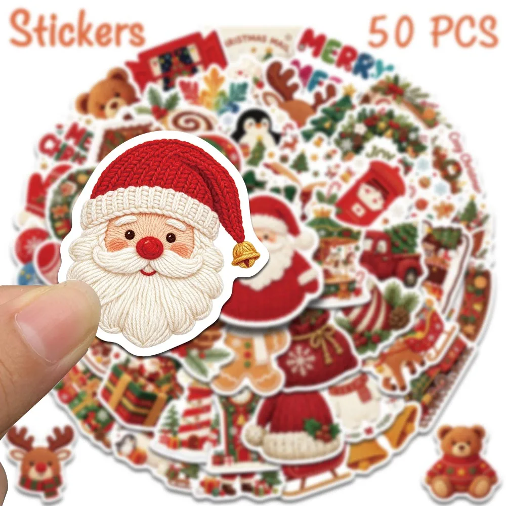 50pcs Cartoon Knitted Christmas Stickers Cute Santa Reindeer Snowman Decals for Laptop Scrapbook Phone Case DIY Xmas Party Gifts