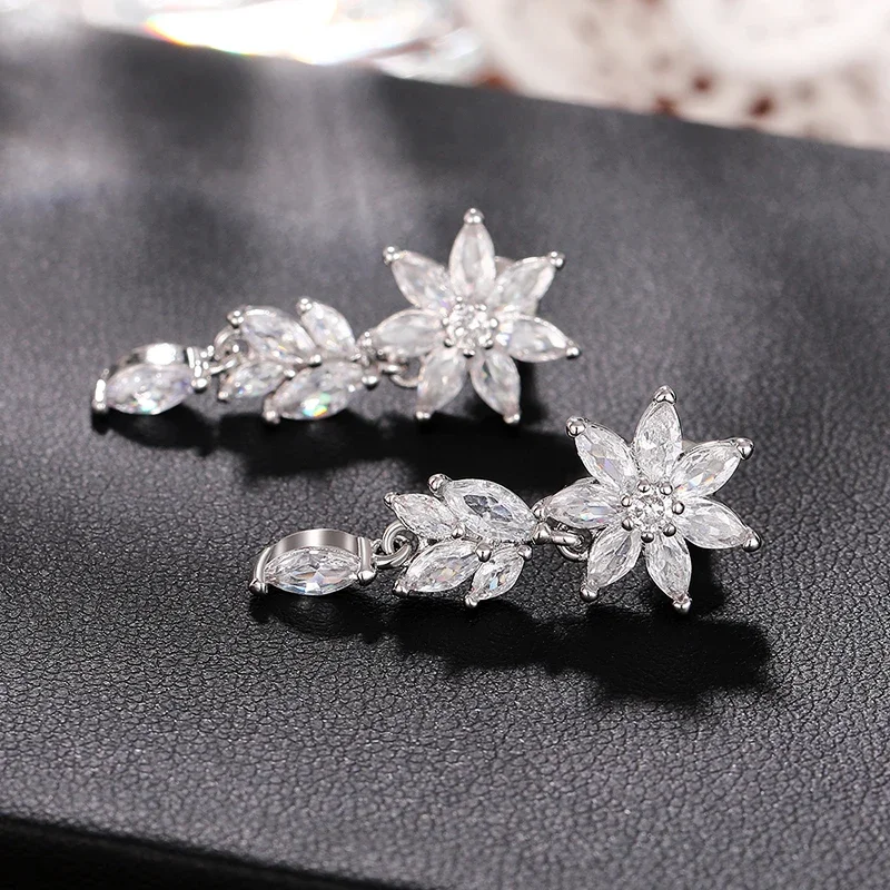 Huitan Sparkling Cubic Zirconia Dangle Earrings Women Aesthetic Flower Design Luxury Bridal Wedding Earrings New Fashion Jewelry