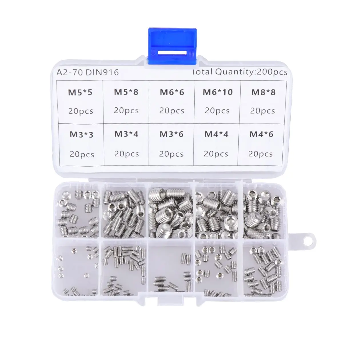 200 pçs parafuso de aperto hexagonal serrilhado copo ponto conjunto grub soquete plano aço inoxidável hexágono rosca sem cabeça encaixotado