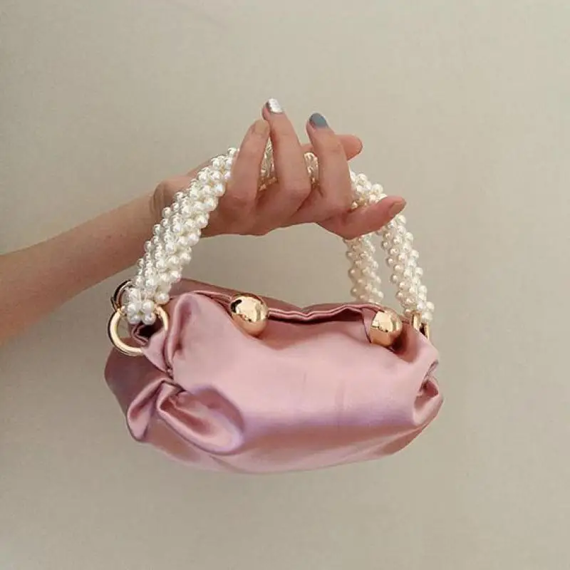 Light Luxury Fashion New Satin Silk Pearl Handle Women's Handbag High Sense Evening Dress Banquet Lipstick Cosmetics Storage Bag