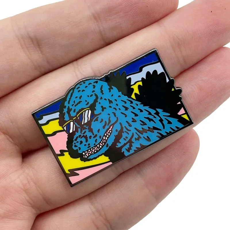 Sunglasses Godzilla Brooches Cartoon Anime Figures Metal Enamel Brooch Cartoon Pin Backpack Badge Kids Gift