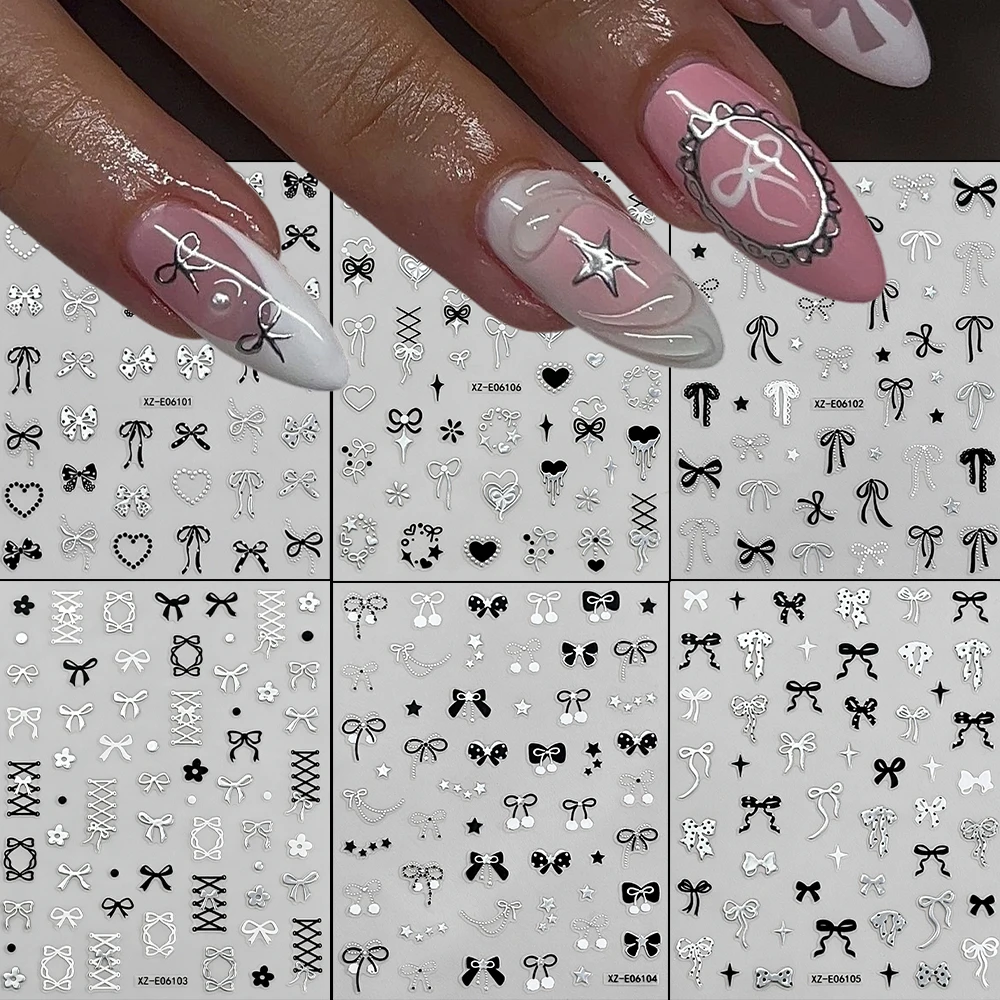 6pcs Silver Black Bow Nail Art Stickers 3D Heart Star Chain Lace Ribbon Design Self-Adhesive Decals Cute Sweet Goth Nail Decor