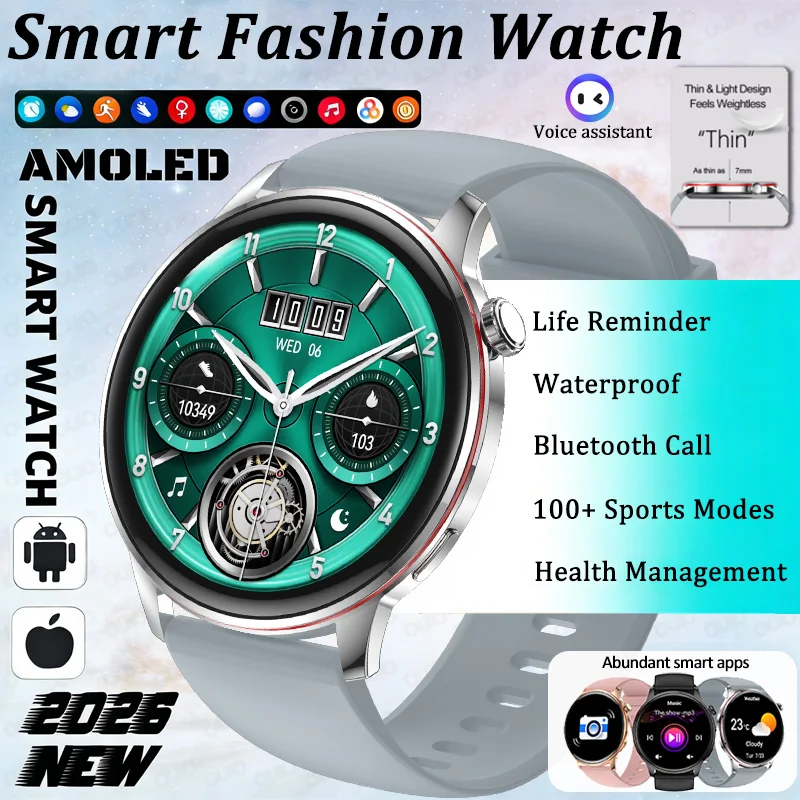 

Новые умные модные часы 2026 года с экраном 1,43 дюйма, ультратонкие, для управления здоровьем, с голосовым управлением ИИ, уведомлениями, спортивные, водонепроницаемые, с функцией звонков по Bluetooth