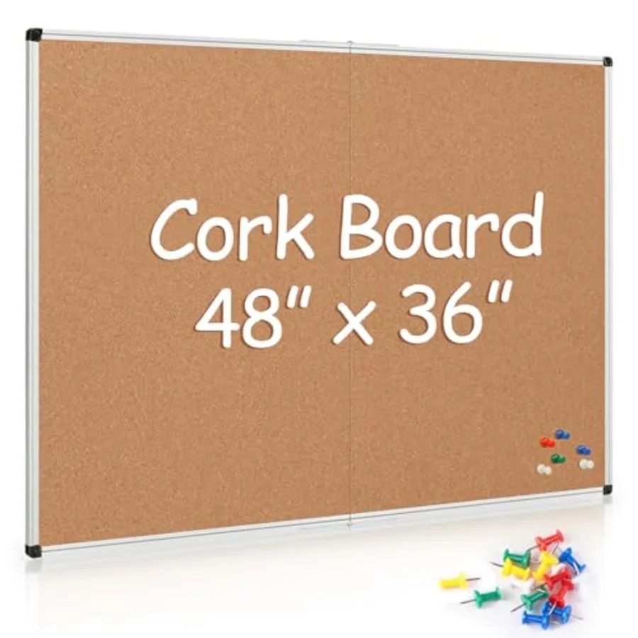 Cork Board Bulletin Board 36 x 48, Aluminium Framed 4x3 Corkboard, Foldable Office Board for Wall, Large Wall Mounted Notice Pi