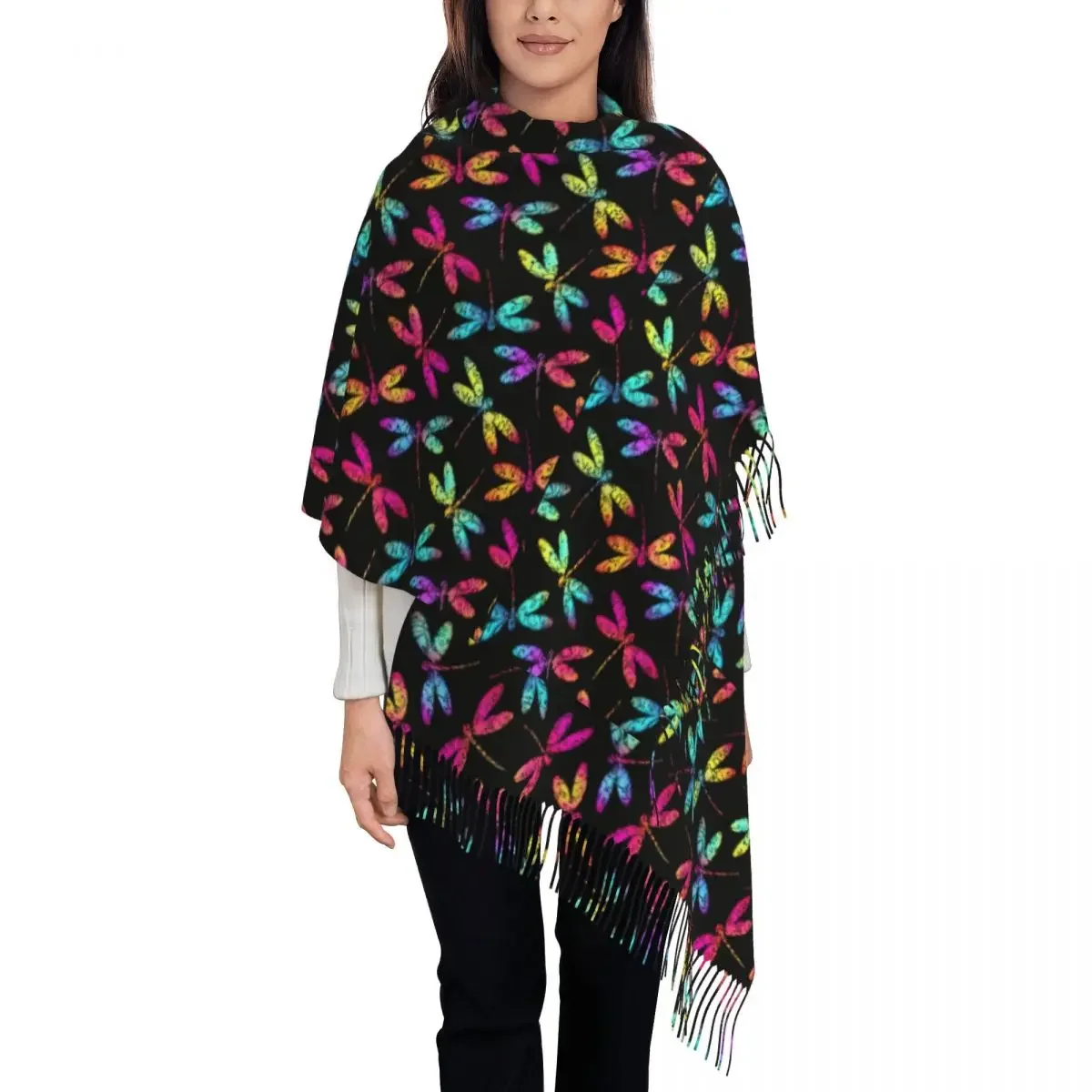 Psychedelic Shawl Wraps for Ladies Winter Warm Long Soft Scarf Colorful Dragonfly Pashmina Shawl Scarves