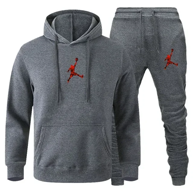 A two-piece set of men's outdoor fitness sportswear for autumn and winter, featuring a hooded pullover and casual pants