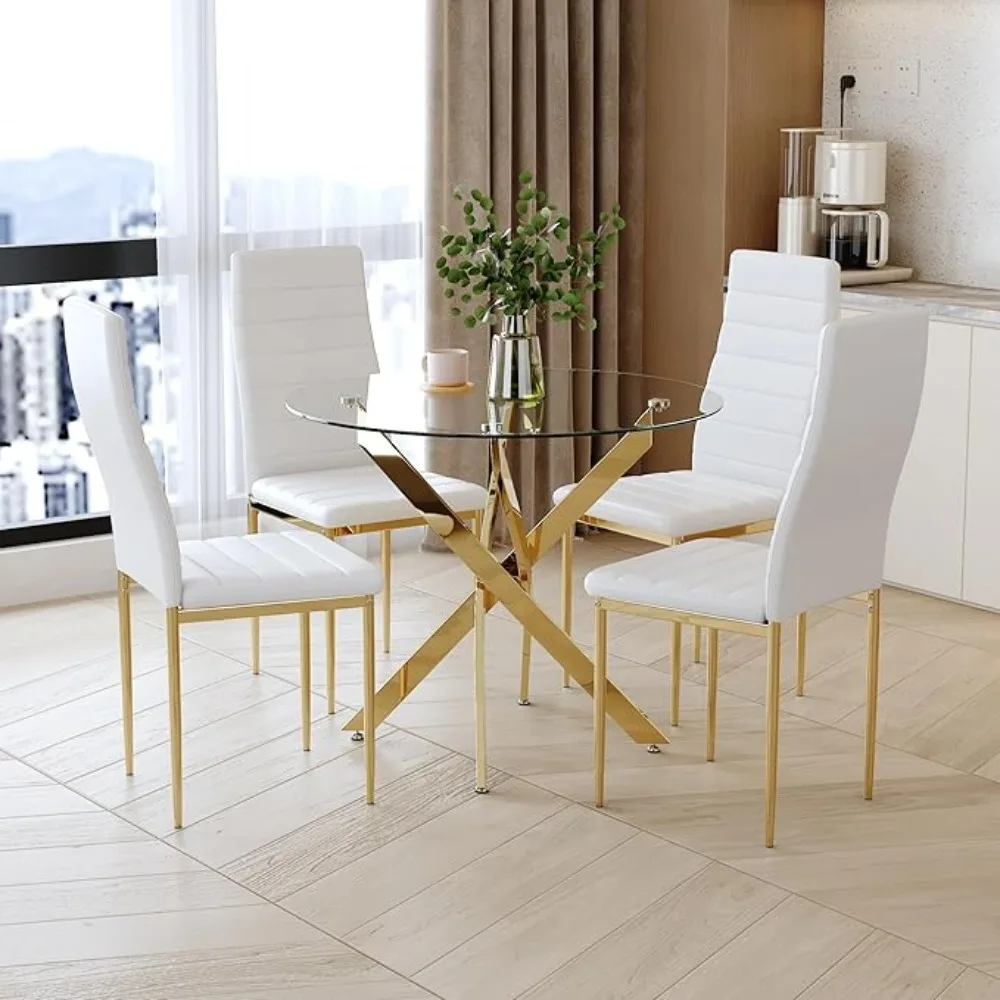 

Round Glass Dining Table Set for 4, 5-Piece Modern Kitchen Table Set with 4 High-Back Upholstered Chair for Kitchen Dining Room
