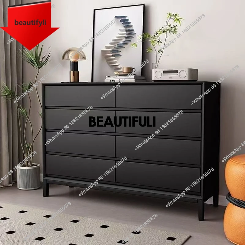 X188 Solid wood eight-bucket drawer side cabinet, chest cabinet, living room against the wall, black locker