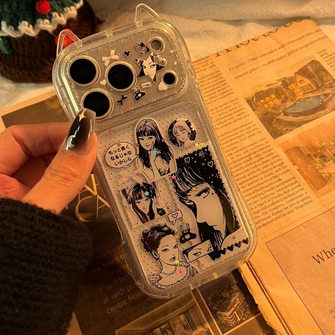 Funda para Teléfono con Diseño de Anime Japonés, Cómic de Terror, Linda Tomie, para iPhone 13 15 14 16 17 Pro Max Plus, con Orejas de Gato, Transparente