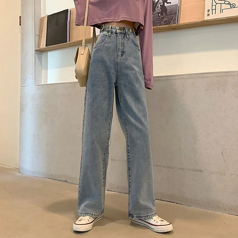 

High Waist Wide Leg Denim Jeans Women's Straight Cut Long Pants Slimming Effect Autumn Winter Fashion Trendy Floor-Length