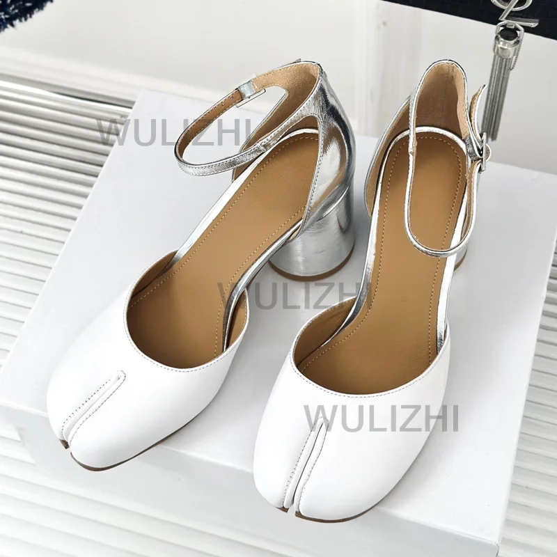 Burgundowe sandały Tabi Chunky Heel 8Cm Cover Women Black Genuine Patent Leather Casual Round Toe Buckle White Pump Summer Shoes