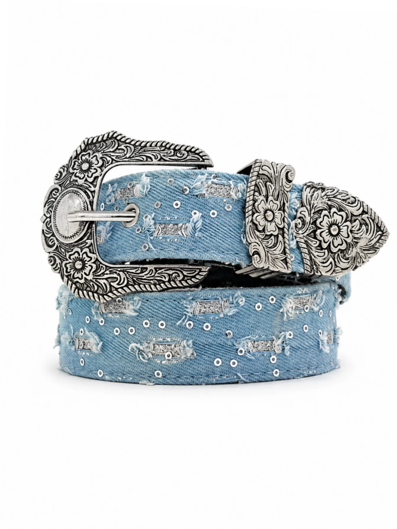 Western Distressed Light Blue Denim Belt, Vintage Floral Engraved Buckle, Metal Eyelet Cowboy Streetwear Waist Belt