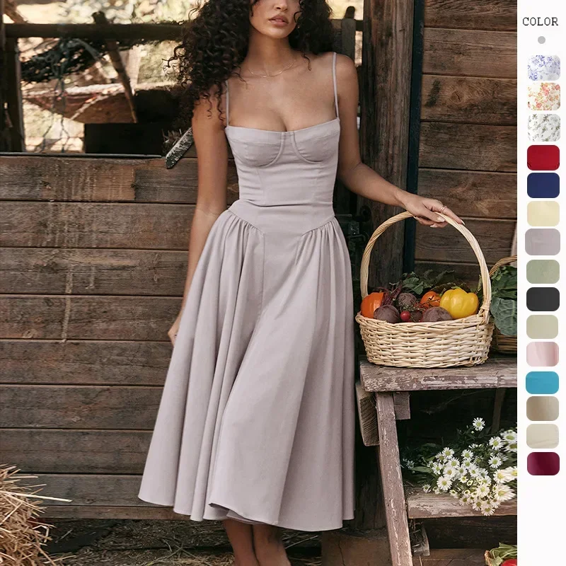 Summer Women's New French Long Dress with Strapless and Retro Palace Style Dopamine Suspender Waist Cinching and Swinging Dress