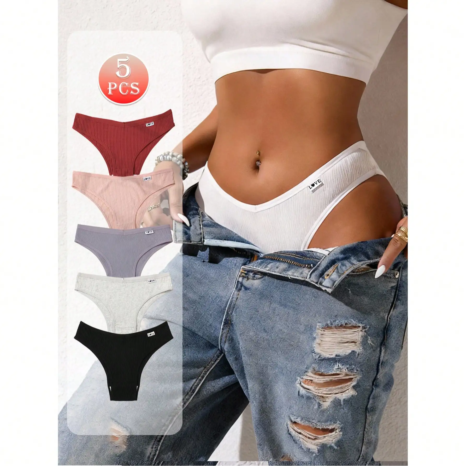 5 Stück/Packung Damen-Slips mit niedrigem Bund, niedriger Taille, niedlichem Aufdruck und Buchstaben-Design, hochelastisch – Detail 8