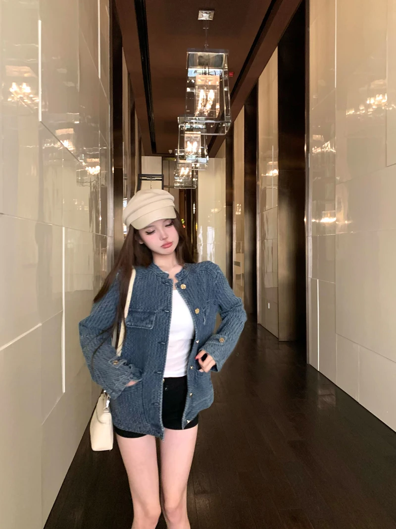 

Denim Coats Unisex Womens Summer Hipster Balloon Sleeved Button-Down Lightweight School Pocketed Hollowed Out Minimalist Jackets