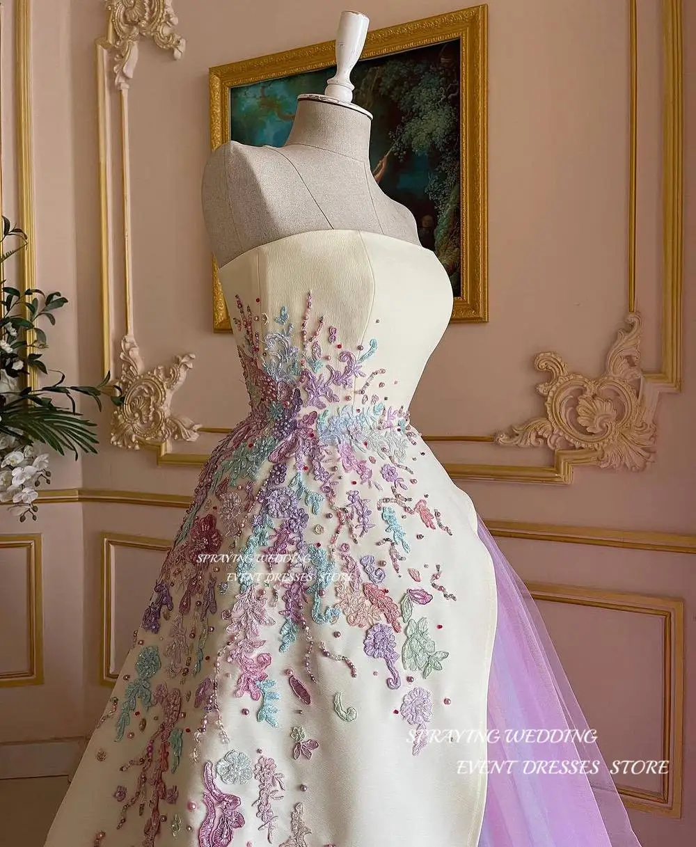 SPRAYING Special Color Block Evening Dress Colored Yarn Embroidery Prom Gown A Line Strapless Formal Occasion Dress Customized