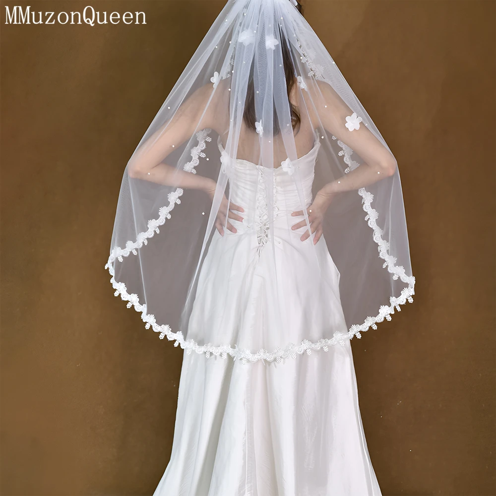 MMQ-Voile long en tulle doux blanc pour patients, accessoire de mariage en plein air, fleur 3D, dentelle, forêt, M19