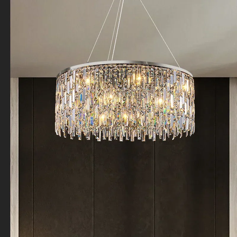 

American Style Chandelier 2025 Round Crystal Bar Ceiling Lamp Dimmable Pendant Light Hardware Adjustable Height for Dining Room