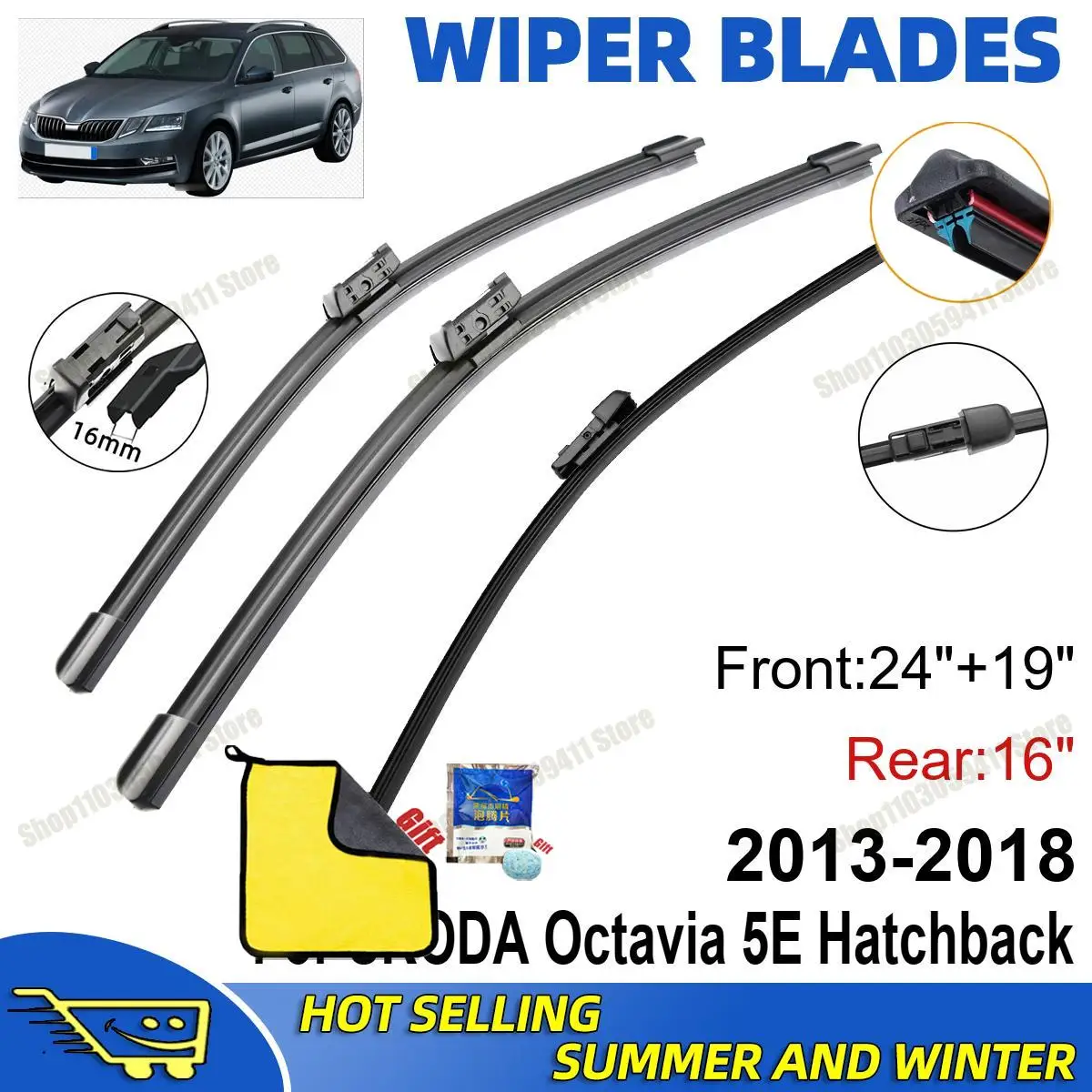 

3PCS For SKODA Octavia 5E 2013-2018 24" + 19"+ 16" Car Wiper Blades Windshield Wipers Double Rubber Car Accessories