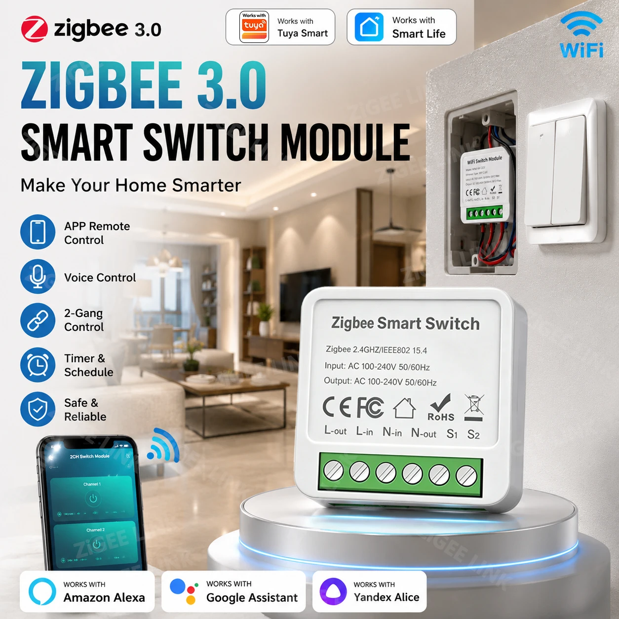 WiFi Zigbee3.0 Mini Smart Switch 2-Way Relay Breaker Timing APP & Voice Control DIY Household Smart Home Automation Module