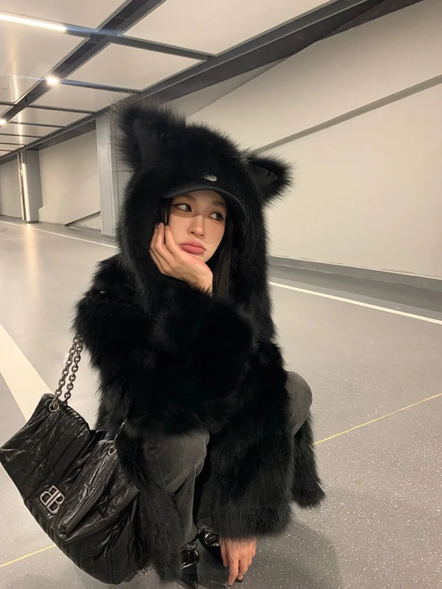 

Женская зимняя шуба из искусственного меха с лисьими ушками и капюшоном, черная негабаритная куртка из искусственного норкового меха средней длины, шуба Y2K, теплая пушистая верхняя одежда