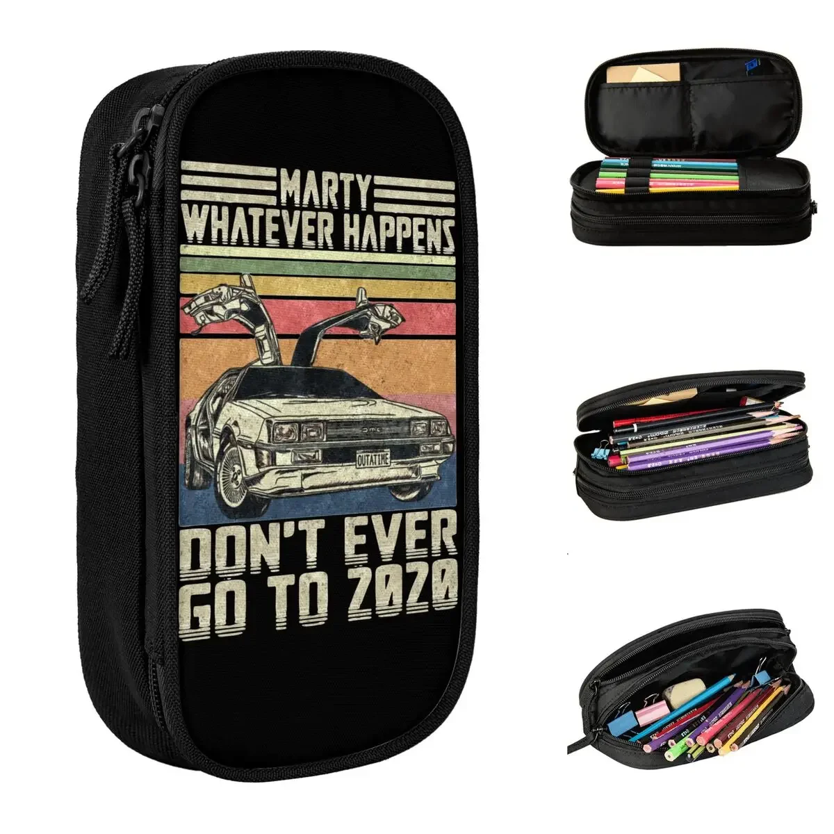 Marty Don't Ever Go To 2020 Pencil Cases Back to the Future Delorean Time Pen Box Pencil Bags Kids Students School Pencil Pouch
