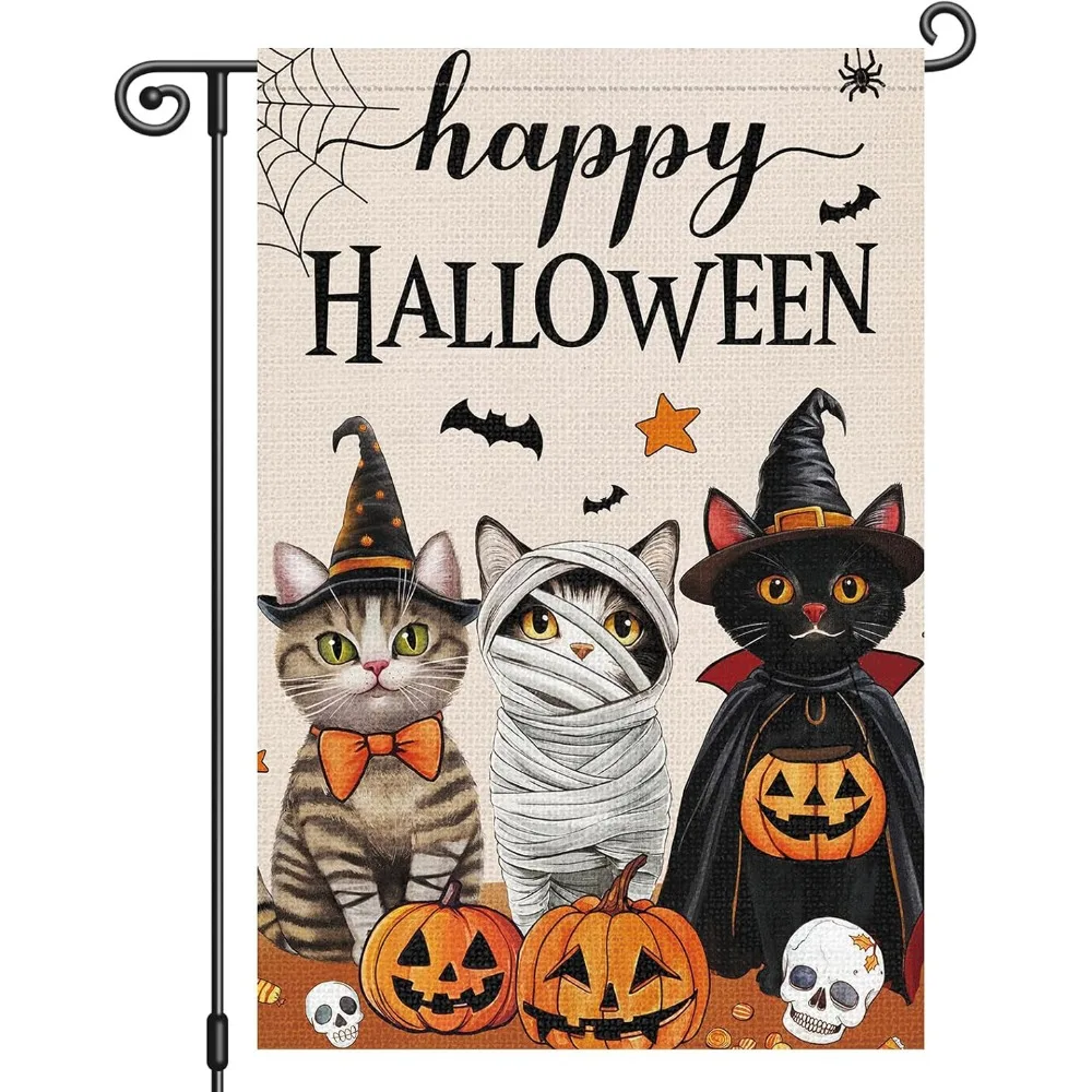 2D Flat Print Halloween Garden Flag Spooky Haunted House Witch Ghost Yard Flag Single Sided Polyester Pumpkin Black Cat Cloth