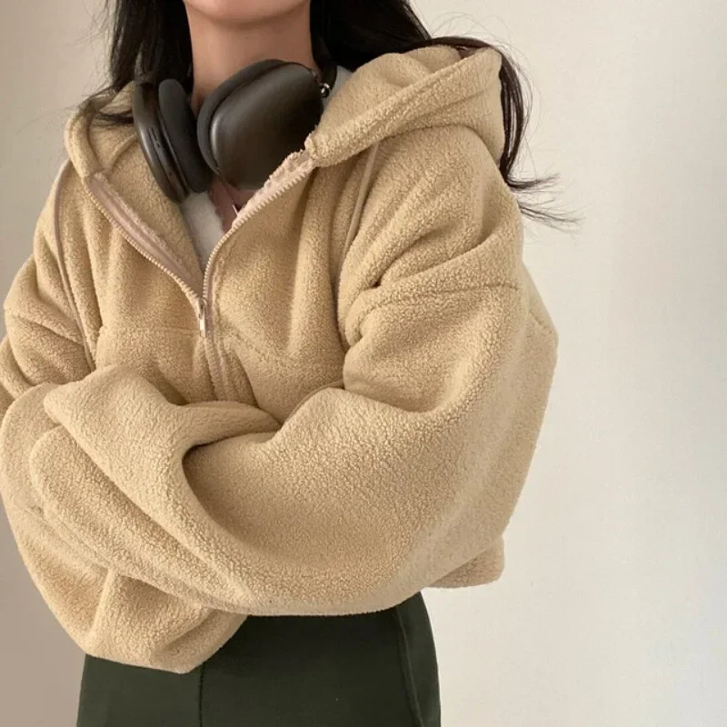 Women's Thickened Warm Fleece Hoodie Sudaderas New Zipper Drawstring Short Coat Lamb Velvet Jacket Autumn Winter Y2k Streetwear
