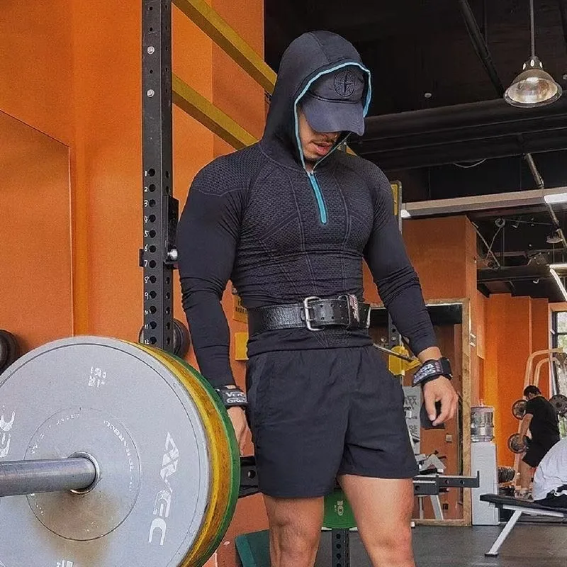 Men's Long Sleeve Autumn and Winter Classic Trendy Brand Muscle Fitness Shirt Quick-Dry Stretch Hoodie Half-Zip Training Jacket