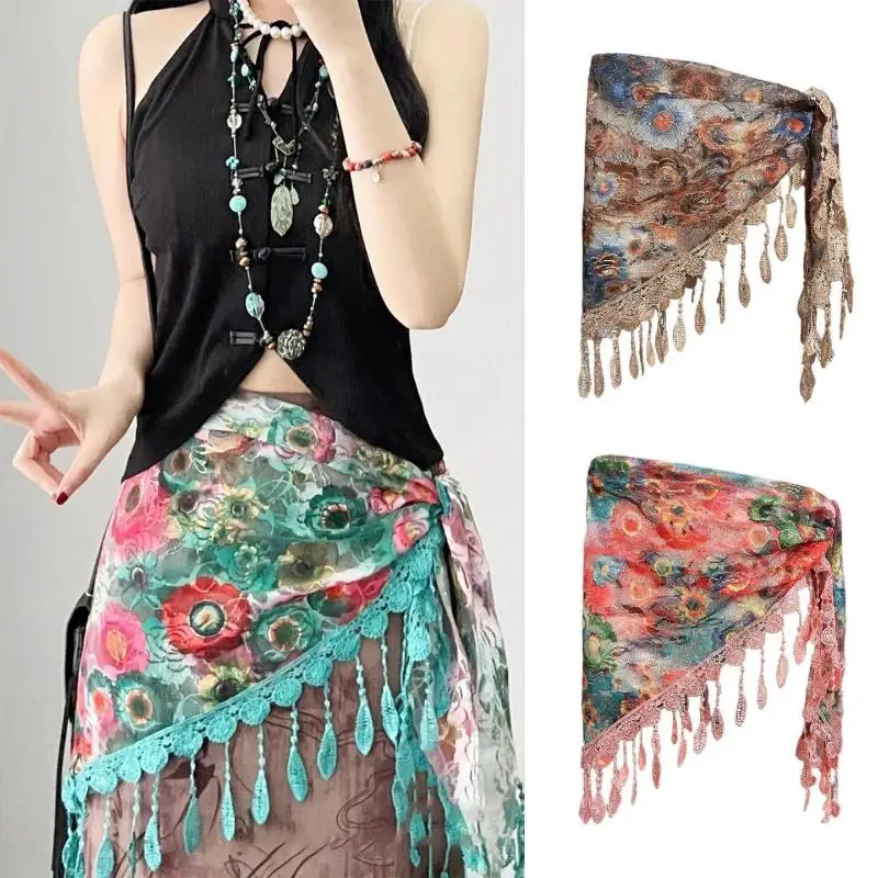 Boho-Quasten-Dreieckstuch Vintage-Blumendruck-Spitzen-Taillenwickelrock Damen-Quasten-Fransen-Schal Strandkopftuch Taillengürtel – Detail 1